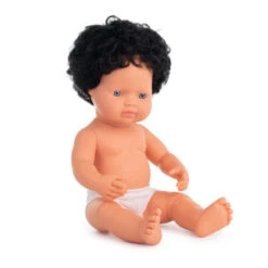 Miniland | Baby Doll 38cm | Black Curly Hair Caucasian Boy -Simple Play Stories Miniland Curly Black Haired Boy Boxed 2